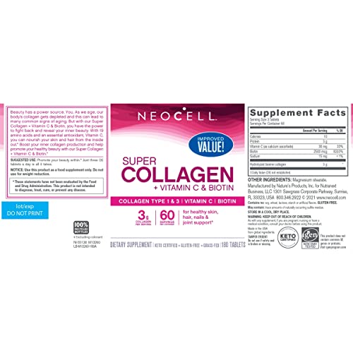 NeoCell Super Collagen Peptides + Vitamin C & Biotin, 3g Collagen Per Serving, Gluten Free, Promotes Healthy Hair, Beautiful Skin, and Nail Support, Dietary Supplement, 270 Tablets