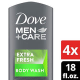 Dove Men+Care Body Wash Extra Fresh for Men's Skin Care Body Wash Effectively Washes Away Bacteria While Nourishing Your Skin, 18 Fl Oz (Pack of 4)