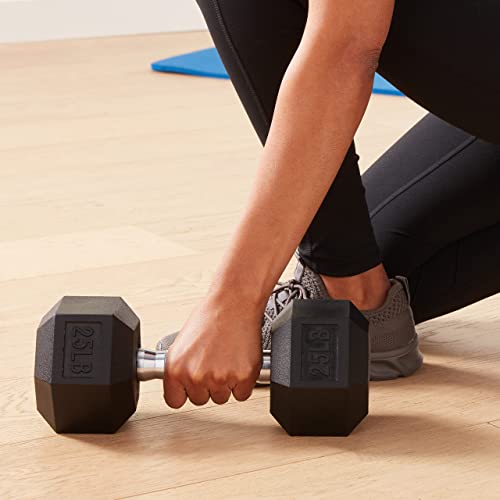 Amazon Basics Rubber Encased Exercise & Fitness Hex Dumbbell, Hand Weight for Strength Training, 35 Pounds, Black & Silver, 13.3x6.1x5.3"