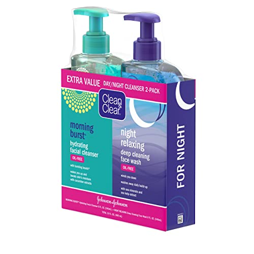 Clean & Clear 2-Pack Day & Night Daily Face Cleansers, Morning Burst Hydrating Facial Cleanser & Night Relaxing Deep Cleansing Face Wash, Oil-Free & Wont Clog Pores, 2 x 8 fl. oz