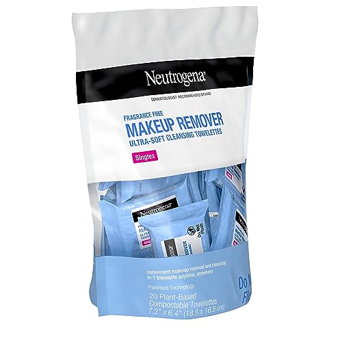 Neutrogena Fragrance-Free Makeup Remover Cleansing Towelette Singles, Individually-Wrapped Daily Face Wipes to Remove Dirt, Oil, Makeup & Waterproof Mascara for Travel & On-the-Go, 20 ct (Pack of 6)