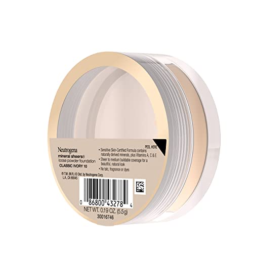 Neutrogena Mineral Sheers Lightweight Loose Powder Makeup Foundation with Vitamins A, C, & E, Sheer to Medium Buildable Coverage, Skin Tone Enhancer, Face Redness Reducer, Classic Ivory 10,.19 oz