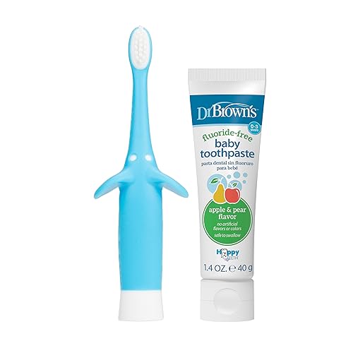 Dr. Brown’s Infant-to-Toddler Training Toothbrush Set, Blue Elephant with Fluoride-Free Apple Pear Baby Toothpaste, 0-3 years