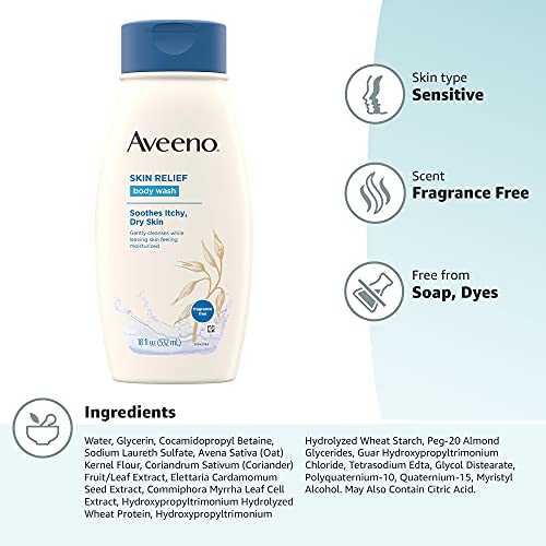 Aveeno Skin Relief Fragrance-Free Body Wash with Triple Oat Formula, Gentle Daily Cleanser for Sensitive Skin Leaves Itchy, Dry Skin Soothed & Feeling Moisturized, Sulfate-Free, 33 fl. oz