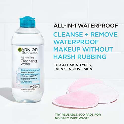 Garnier SkinActive Micellar Water For Waterproof Makeup, Facial Cleanser & Makeup Remover, 13.5 Fl Oz (400mL), 1 Count (Packaging May Vary)