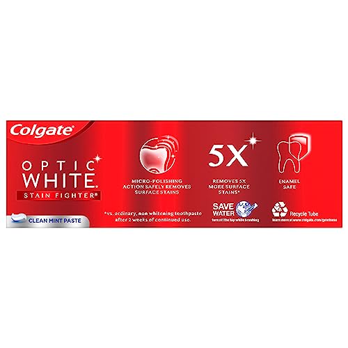 Colgate Optic White Stain Fighter Whitening Toothpaste, Clean Mint Flavor, Safely Removes Surface Stains, Enamel-Safe for Daily Use, Teeth Whitening Toothpaste with Fluoride, 4.2 Oz Tube