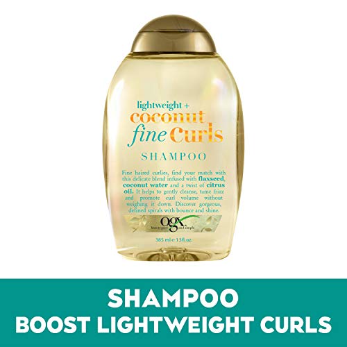 OGX Lightweight + Coconut Fine Curls Shampoo, Lightweight, Shampoo for Curly Hair, Coconut Water Shampoo, Flaxseed Oil, Citrus Oil, 13 Fl Oz