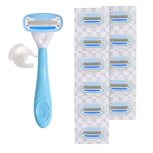 Amazon Basics 5-Blade Razor for Women, Handle, 12 Cartridges & Shower Hanger, Cartridges Fit Amazon Basics Razor Handles only, 14 Piece Set, Blue (Previously Solimo)