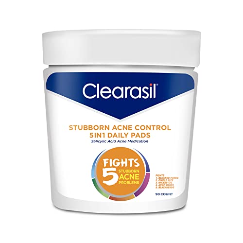 Clearasil Stubborn Acne Control 5in1 Daily Facial Cleansing Pads, with Salicylic Acid Acne Treatment Medicine, 90 Count