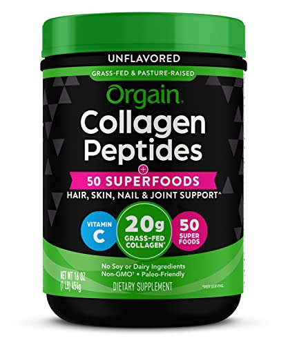 Orgain Hydrolyzed Collagen Powder + 50 Organic Superfoods, 20g Grass Fed Collagen Peptides - Hair, Skin, Nail, & Joint Support Supplement, Non-GMO, Type 1 and 3 Collagen - 1lb (Packaging May Vary)