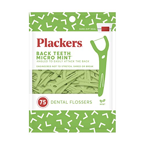 Plackers Back Teeth Micro Mint Dental Flossers, Delicious Mint Flavor, Provides Easy Access for Back Teeth, Built-in Protected Pick, Easy Storage, 75 Count, Pack of 4