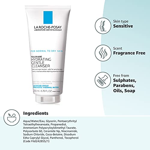 La Roche-Posay Toleriane Hydrating Gentle Facial Cleanser, Daily Face Wash with Ceramide and Niacinamide for Normal to Dry Sensitive Skin, Oil-Free, Fragrance Free