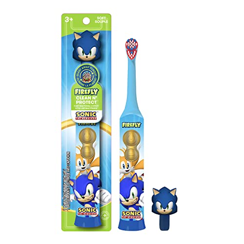 FIREFLY Clean N Protect, Sonic The Hedgehog Toothbrush with 3D hygienic Cover, Premium Soft Bristles, Anti-Slip Grip Handle, Battery Included, Ages 3+, 1 Count