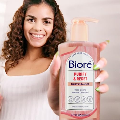 Bioré Rose Quartz + Charcoal Daily Purifying Cleanser, Oil Free Facial Cleanser Energizes Skin, Dermatologist Tested and Cruelty Free, 6.77 oz, Packaging May Vary