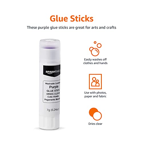 Amazon Basics Purple Washable School Glue Sticks, Dries Clear, 0.24-oz Stick,60-Pack