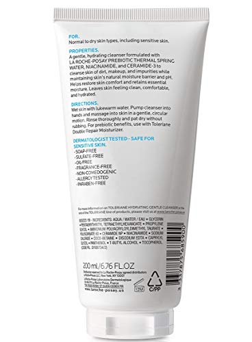 La Roche-Posay Toleriane Hydrating Gentle Facial Cleanser, Daily Face Wash with Ceramide and Niacinamide for Normal to Dry Sensitive Skin, Oil-Free, Fragrance Free