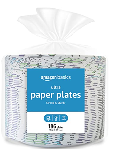 Amazon Basics Ultra Paper Plates, 10.06 Inch, Disposable, 372 Count, 2 pack of 186 count, (Previously Encore)