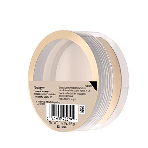 Neutrogena Mineral Sheers Lightweight Loose Powder Makeup Foundation with Vitamins A, C, & E, Sheer to Medium Buildable Coverage, Skin Tone Enhancer, Face Redness Reducer, Classic Ivory 10,.19 oz