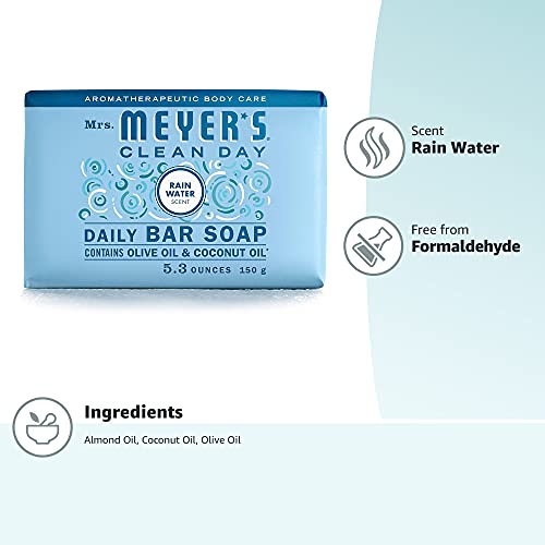 MRS. MEYERS CLEAN DAY Bar Soap, Use as Body Wash or Hand Soap, Made with Essential Oils, Rain Water, 5.3 oz, 1 Bar