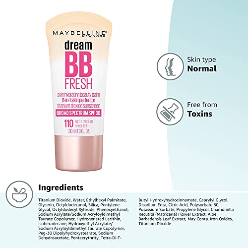 Maybelline New York Dream Fresh Skin Hydrating BB cream, 8-in-1 Skin Perfecting Beauty Balm with Broad Spectrum SPF 30, Sheer Tint Coverage, Oil-Free, Light, 1 Fl Oz