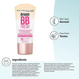 Maybelline New York Dream Fresh Skin Hydrating BB cream, 8-in-1 Skin Perfecting Beauty Balm with Broad Spectrum SPF 30, Sheer Tint Coverage, Oil-Free, Light, 1 Fl Oz