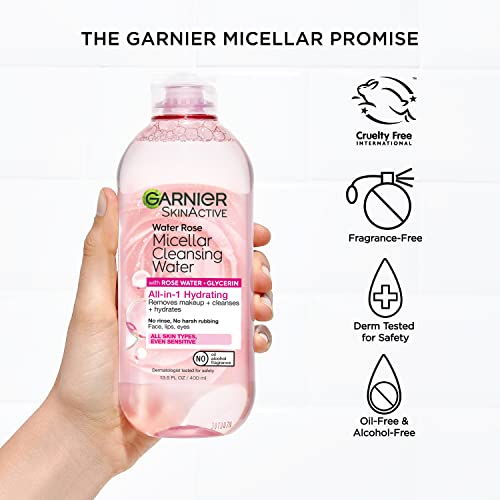 Garnier SkinActive Micellar Water with Rose Water and Glycerin, Facial Cleanser & Makeup Remover, All-in-1 Hydrating, 13.5 Fl Oz (400mL), 2 Count (Packaging May Vary)