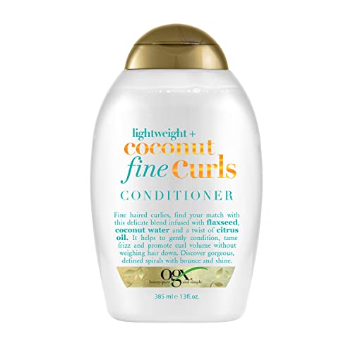 OGX Lightweight + Coconut Fine Curls Conditioner, Lightweight, Coconut Water Conditioner, 13 Fl Oz