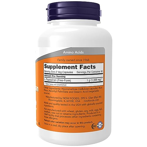 NOW Supplements, L-Tryptophan 500 mg, Encourages Positive Mood*, Supports Relaxation*, 120 Veg Capsules