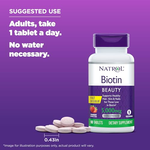 Natrol Beauty Biotin 10000mcg, Dietary Supplement for Healthy Hair, Skin, Nails and Energy Metabolism, 60 Strawberry-Flavored Fast Dissolve Tablets, 60 Day Supply