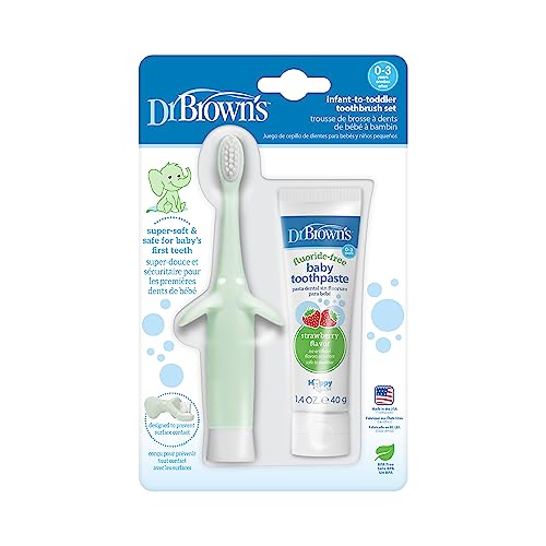 Dr. Brown’s Infant-to-Toddler Training Toothbrush Set, Blue Elephant with Fluoride-Free Apple Pear Baby Toothpaste, 0-3 years