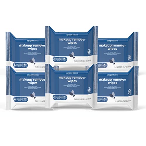 Amazon Basics Make Up Remover Wipes, Original, 150 Count (6 Packs of 25) (Previously Solimo)