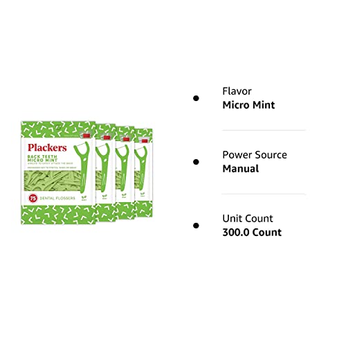 Plackers Back Teeth Micro Mint Dental Flossers, Delicious Mint Flavor, Provides Easy Access for Back Teeth, Built-in Protected Pick, Easy Storage, 75 Count, Pack of 4