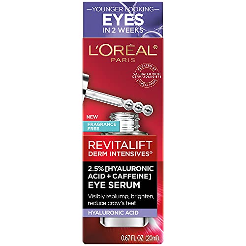 LOreal Paris Revitalift Hyaluronic Acid + Caffeine Hydrating Eye Serum for Dark Circles, Fragrance Free .67 fl. oz + Moisturizer Sample