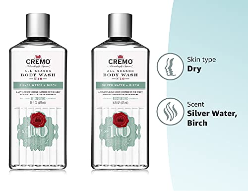 Cremo Rich-Lathering Silver Water & Birch Body Wash, A Revitalizing Combination of Glacier-Fed Streams and White Birch 16 Fl Oz (2-Pack)