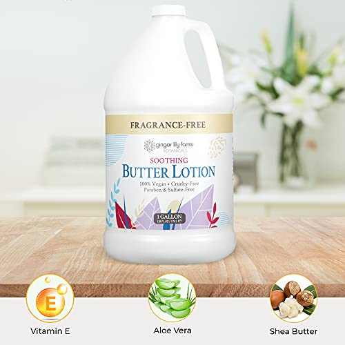 Ginger Lily Farms Botanicals Soothing Butter Lotion for Dry, Sensitive Skin, 100% Vegan & Cruelty-Free, Fragrance Free, 1 Gallon (128 fl oz) Refill