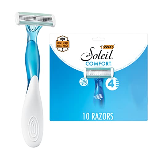 BIC Soleil Comfort Disposable Razors for Women, Sensitive Skin Razor with Aloe Vera and Vitamin E Lubricating Strip and 4 Blades, 10 Piece Razor Set