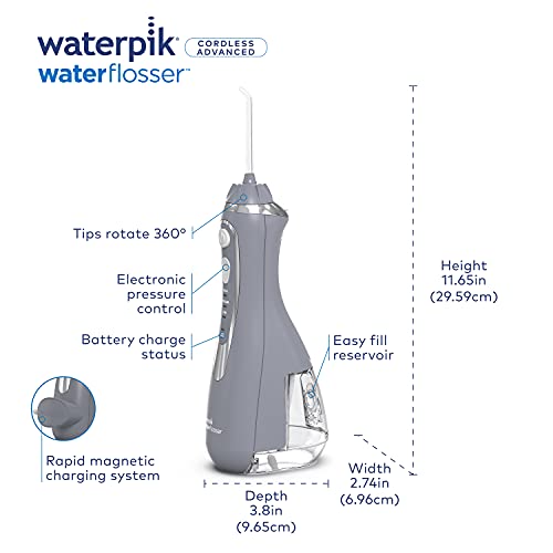 Waterpik Cordless Advanced Water Flosser For Teeth, Gums, Braces, Dental Care With Travel Bag and 4 Tips, ADA Accepted, Rechargeable, Portable, and Waterproof, Gray WP-587