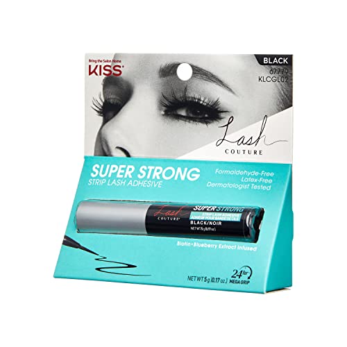 KISS Lash Couture Black Strip Lash Adhesive with Biotin & Blueberry Extract, Latex-Free, Dermatologist Tested, Contact Lens Friendly, Strong Hold, Gentle Formula, with Brush Tip Applicator, 0.17 Oz.