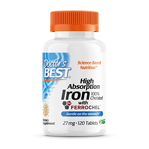 Doctors Best High Absorption Iron Tablet with Ferrochel, Gentle on The Stomach, Immune Health, Blood Health, 27 mg