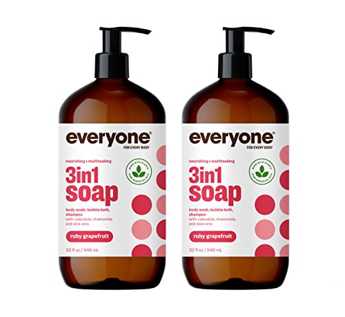 Everyone 3-in-1 Soap, Body Wash, Bubble Bath, Shampoo, 32 Ounce (Pack of 2), Ruby Grapefruit, Coconut Cleanser with Plant Extracts and Pure Essential Oils