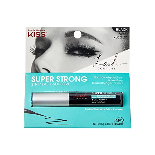 KISS Lash Couture Black Strip Lash Adhesive with Biotin & Blueberry Extract, Latex-Free, Dermatologist Tested, Contact Lens Friendly, Strong Hold, Gentle Formula, with Brush Tip Applicator, 0.17 Oz.