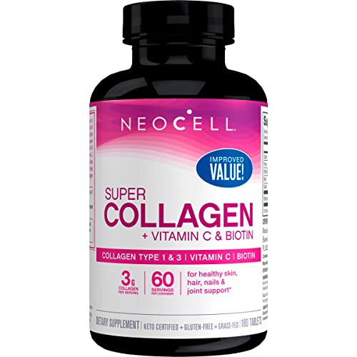 NeoCell Super Collagen Peptides + Vitamin C & Biotin, 3g Collagen Per Serving, Gluten Free, Promotes Healthy Hair, Beautiful Skin, and Nail Support, Dietary Supplement, 270 Tablets