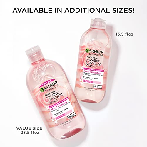 Garnier SkinActive Micellar Water with Rose Water and Glycerin, Facial Cleanser & Makeup Remover, All-in-1 Hydrating, 13.5 Fl Oz (400mL), 2 Count (Packaging May Vary)