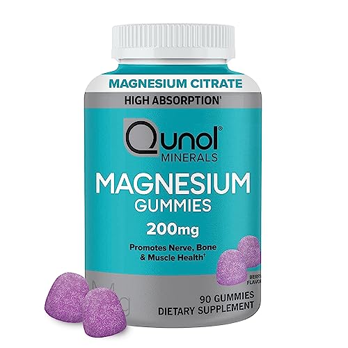 Magnesium Gummies for Adults, Qunol 200mg Magnesium Citrate Gummies, High Absorption Magnesium Supplement, Supports Nerve Health, Bone Health, Muscle Health, Vegetarian, 90 Count