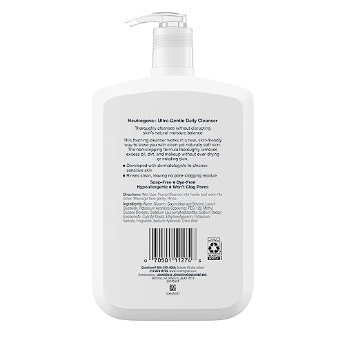 Neutrogena Ultra Gentle Foaming and Hydrating Face Wash for Sensitive Skin, Gently Cleanses Without Over Drying, Oil-Free, Soap-Free, 16 fl. oz