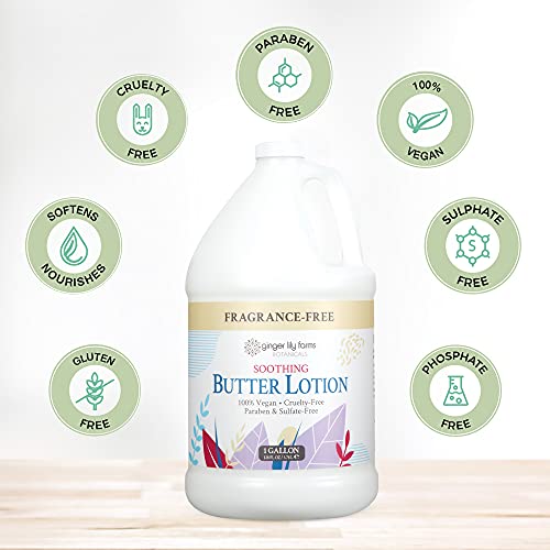 Ginger Lily Farms Botanicals Soothing Butter Lotion for Dry, Sensitive Skin, 100% Vegan & Cruelty-Free, Fragrance Free, 1 Gallon (128 fl oz) Refill