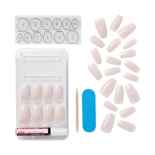 KISS Classy French Nail Manicure Kit with Gel Finish, Medium, Coffin Shaped, Includes Pink Nail Glue (Net Wt. 2 g / 0.07oz.), Mini Nail File, Manicure Stick, and 28 Fake Nails, 'Cozy Meets Cute', 28 Count