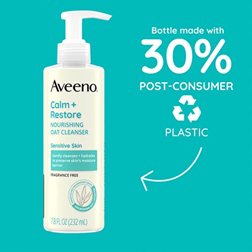 Aveeno Calm + Restore Nourishing Oat Face Cleanser for Sensitive Skin, Gentle Milky Cleanser with Nourishing Oat & Feverfew, to Preserve Skins Moisture Barrier, Fragrance-Free, 7.8 fl. oz