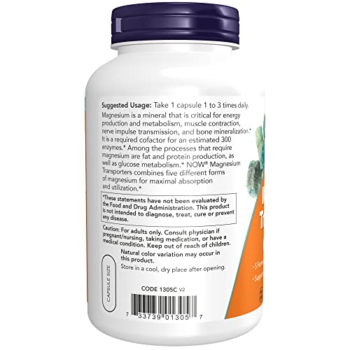 NOW Supplements, Magnesium Transporters with 5 Forms of Magnesium for Optimal Bioavailability, 180 Veg Capsules