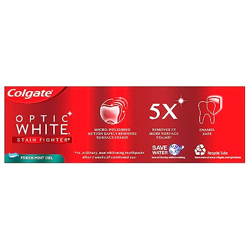 Colgate Optic White Stain Fighter Whitening Toothpaste Gel, Fresh Mint Flavor Gel Toothpaste, Safely Removes Surface Stains, Enamel-Safe for Daily Use, Whitening Toothpaste with Fluoride, 4.2 Oz Tube